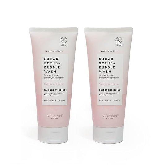 VOESH Sugar Scrub + Bubble Wash, Exfoliating Body Scrub & Body Wash, Blossom Bliss 2 Pack, Scalp Scrub, Scalp Care, Shower Sugar Scrub, Vegan Body Care