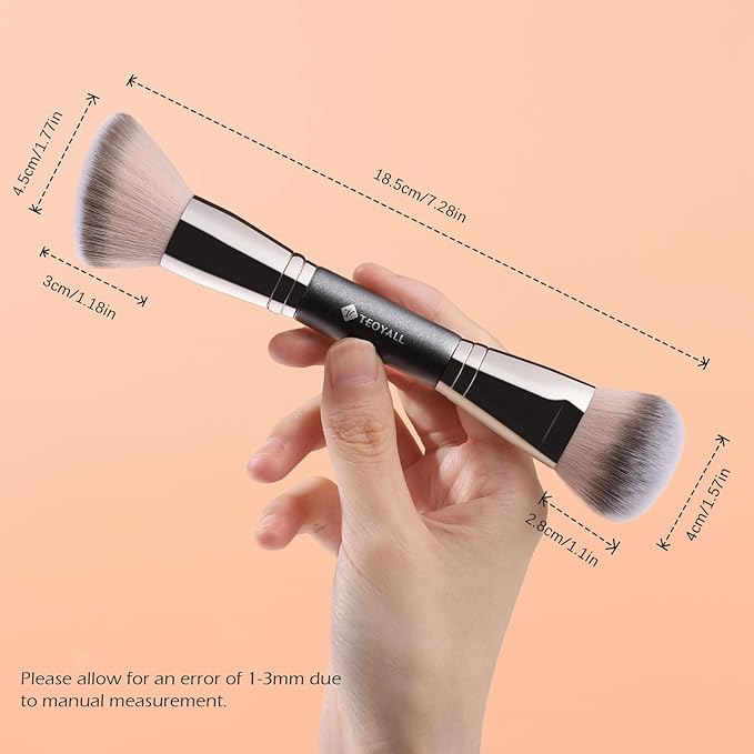 TEOYALL Dual-Ended Foundation Blending Brush, Flat Angled Kabuki and Domed Cheek Synthetic Bristles for Liquid Cream Powder
