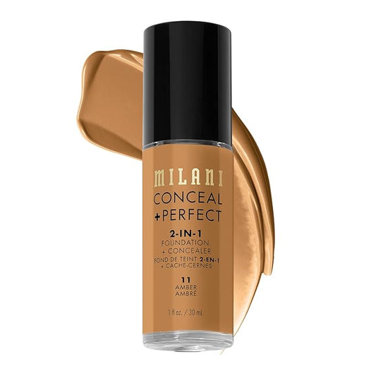 Milani Conceal + Perfect 2-in-1 Foundation + Concealer for a Flawless Complexion, Under Eye Corrector, Cover Redness and Imperfections, Waterproof and Sweatproof - Amber