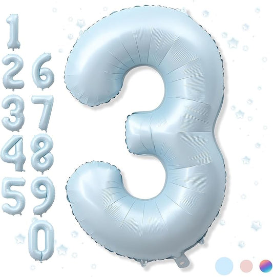 3rd Birthday Balloons for Boys, 40'' Foil Self Inflating Light Matte Blue Number 3 Balloon, Pastel Sky Blue Large Mylar 3 Balloon Number for Kids 3 Yeal Old Birthday Party Decor Anniversary Decoration