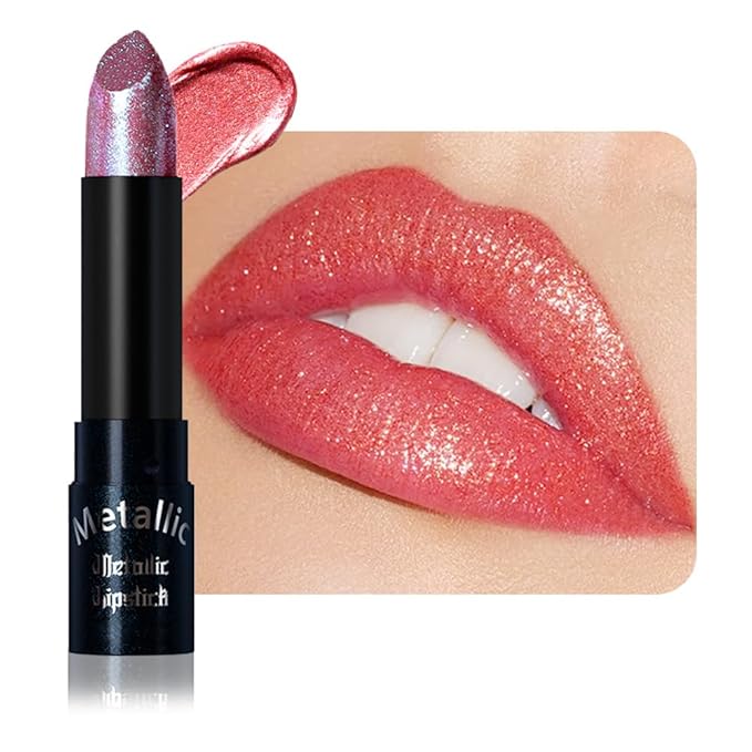 Red Metallic Lipstick for Women,Lightweight Non-Drying Shimmer Frosted Lipsticks,Glitter Lip Gloss Stain Long Lasting Waterproof No Smudge Proof No Transfer 12 Hour,Cruelty-Free Makeup