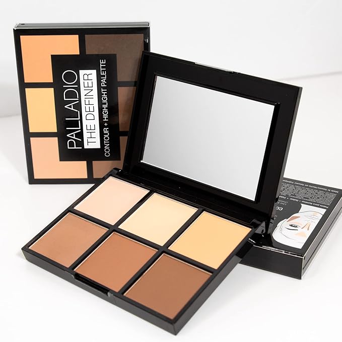 Palladio Definer Contour and Highlight Palette, Perfect for Sculpting Facial Features, Blendable Satin Finish Colors, 6 shades for Contouring and Highlighting, Compact Powder with Mirror