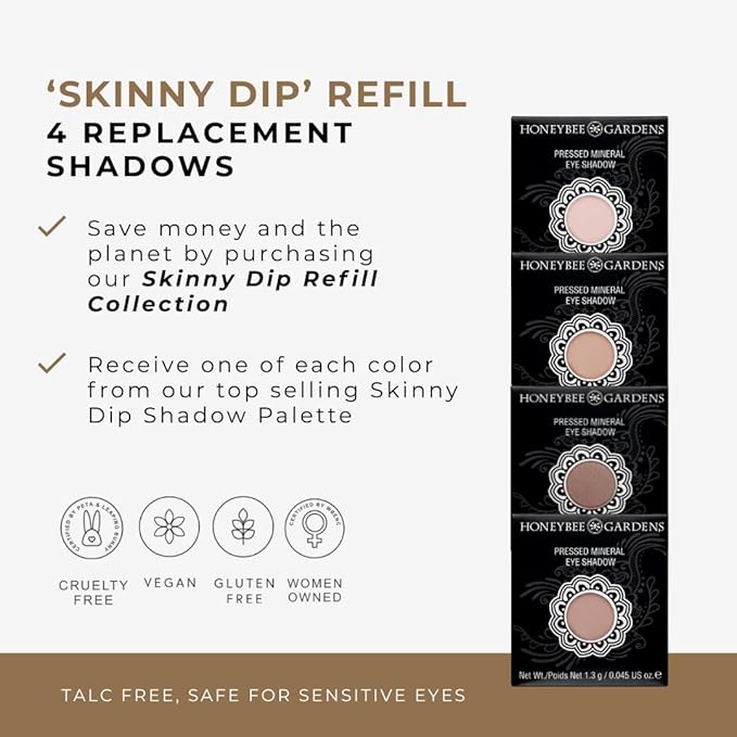 Honeybee Gardens 'Skinny Dip' Refill Pans, Pink, Beige, Nude Tones, Vegan, 4 Pack of 26mm Pans. COMPACT NOT INCLUDED