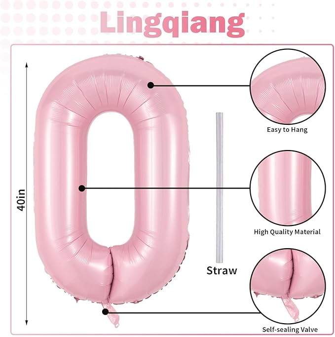 40" Balloon Number 0 Pastel Pink, Large Foil Pink Number Balloons Set 0-9 for Girls, Light Pink 0 Helium Balloons for Women Birthday Anniversary Graduation New Year Party Decoration Supplies
