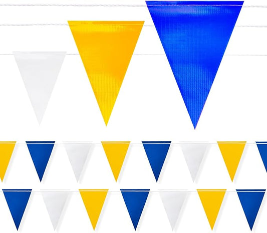 Safety Warning Pennant Banner Flags – Multipurpose OSHA High Visibility Colored Triangle Flags for Roadwork, Party and Hazard Areas(BLUE+WHITE+YELLOW,45pcs,105FT)
