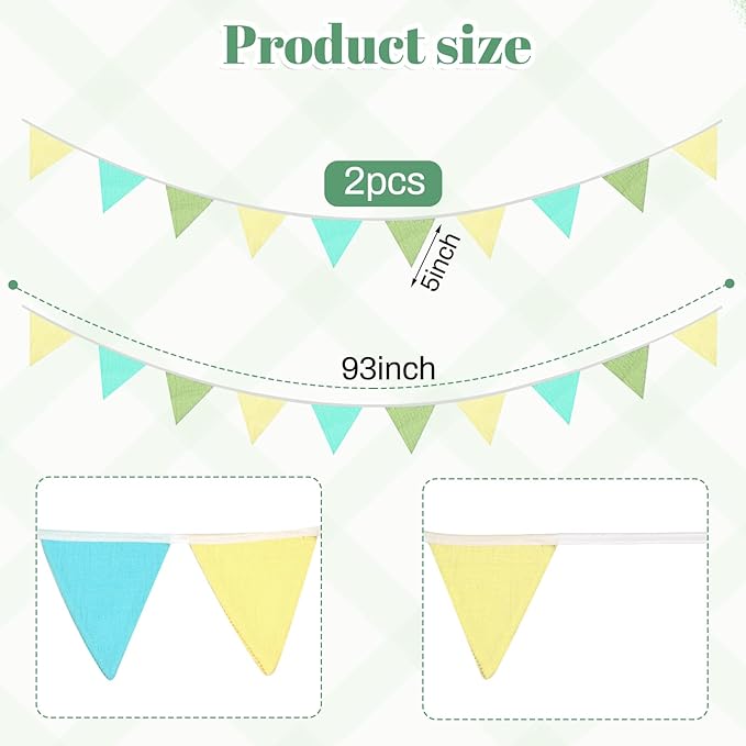 2PCS Pennant Banner Flags, Fabric Bunting Banner Nursery Garland Decor, Baby Shower Garland, Triangle Flags for Baby Boy Room, Playroom, Boho Birthday Party Decor, Each 7.75 ft (Yellow Green Blue)