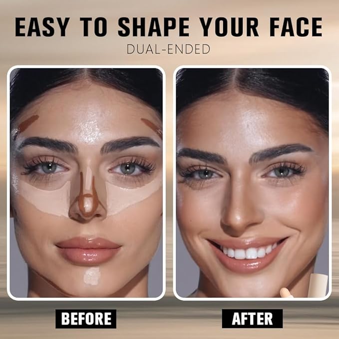 Dual-Ended 2-in-1 Cream Contour & Highlighter Stick Makeup For Face & Body – Waterproof, Long-Lasting, Suitable for All Skin Tones, 02#Nude + Light Beige