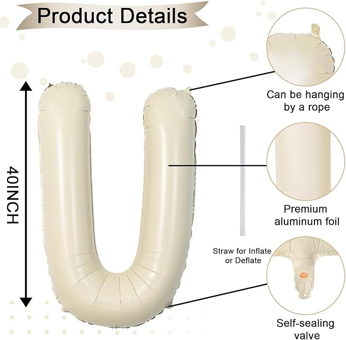 40 Inch Letter Balloons U, Big Custom A-Z Alphabet Foil Name Balloon Cream White, Self Inflating Beige Customize Helium Balloon Letters U for Women Girls Birthday Bride Baby Shower Party Decorations