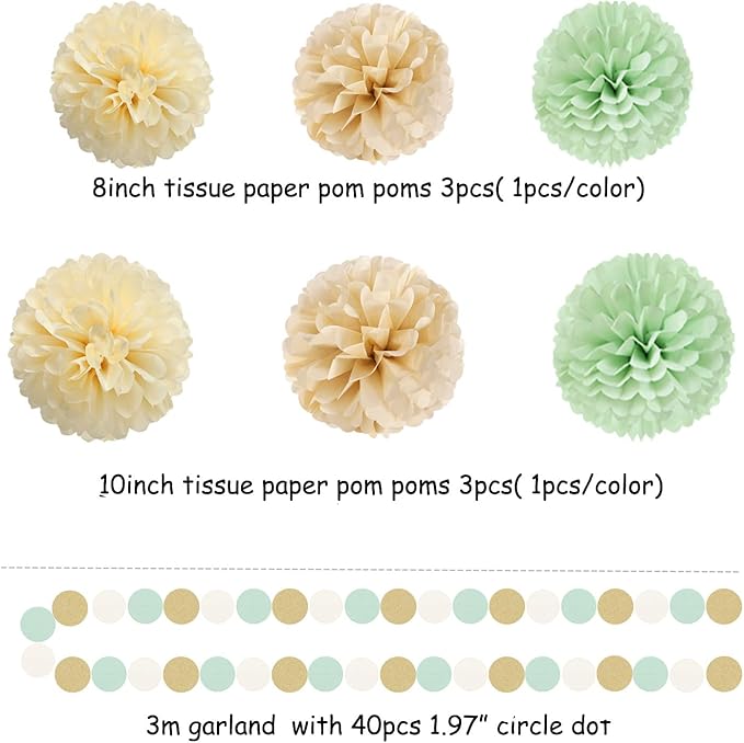 Sage-Green Gold-Champagne Party Decorations - 23pcs Neutral Birthday Baby Shower Tissue Pom Poms Streamers, Boho Wedding Bachelorette Engagement Tassel Garland Banner,Bridal Decor Suppilies Ouruola