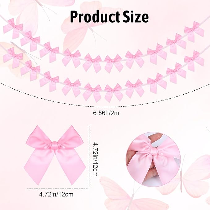 2Pcs Bow Garland Banner,Ribbon Bow Decorations for Party,Pink Bow for Baby Shower Decorations Wedding Bachelorette Bridal Shower Supplies(Pink)