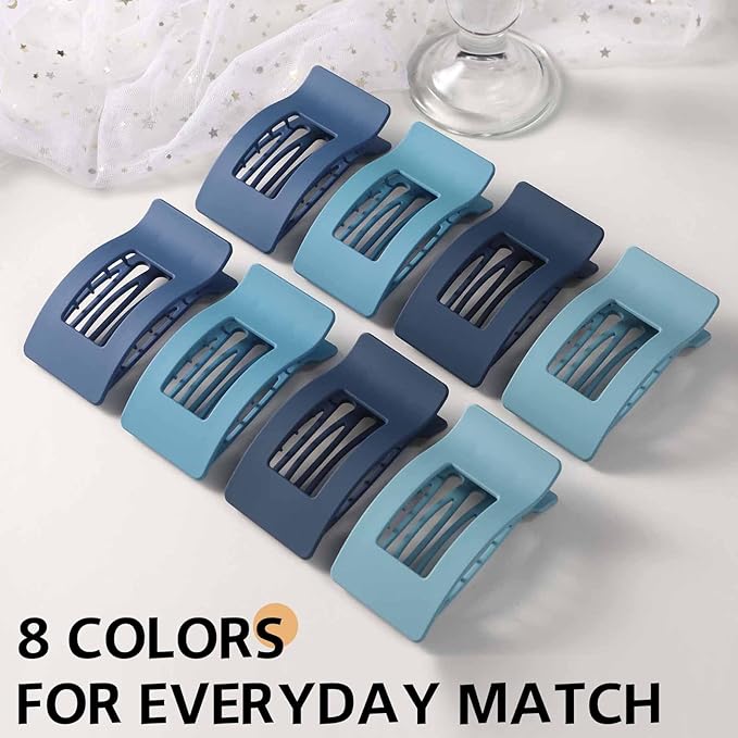 8 Pack French Flat Hair Clips for Women – Large Matte No-Slip Claw Barrettes for Thick & Thin Hair, Strong Hold Styling Accessories (Blue)