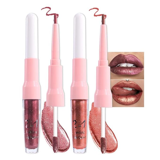 evpct 2Pcs Plum Red Brown Metallic Glitter Lip Liner and Lipstick Combo, Shimmery Lip Gloss Stain Set Makeup for Women Long Lasting Waterproof 24, Metallic Shimmer Iridescent Glossy Liquid Lipstick