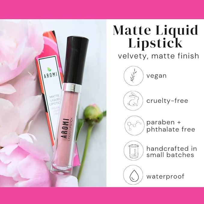 Aromi Medium Pink Matte Liquid Lipstick, Dusty Rose Lip Color, Smudge Proof and Long-lasting Lipstick, Vegan & Cruelty-free Beauty, Day to Night, Handmade (Pink Rosette)