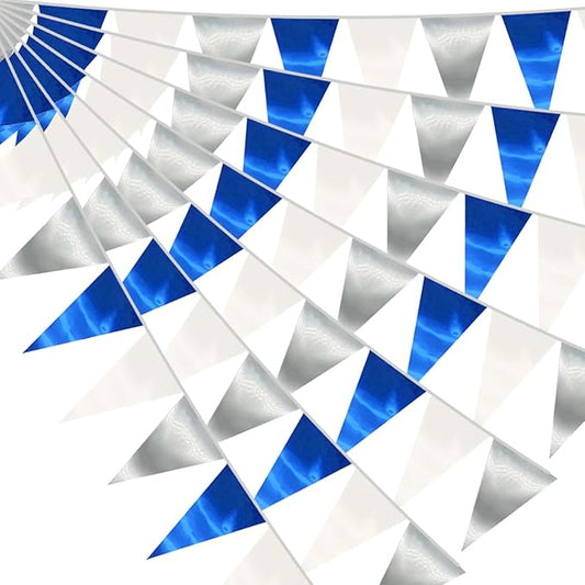 65FT Navy Blue White Silver Triangle Pennant Banner Flag Metallic Fabric Bunting Garland for Christmas Graduation Birthday Wedding Bridal Shower Nautical Ahoy Achor Theme Party Decorations Supplies