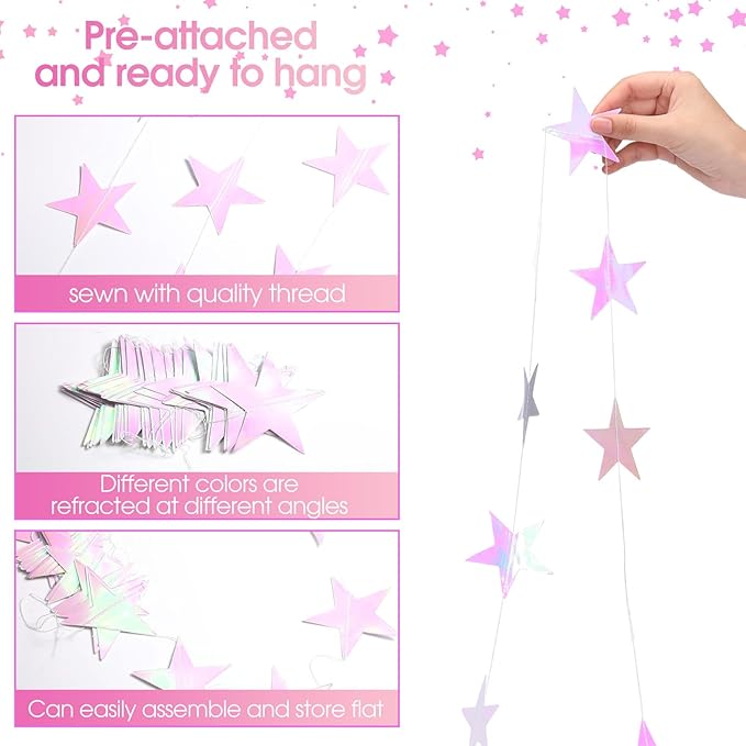 Patelai Glitter Star Garland Banner New Years Decor 130 Feet Star Hanging Banner Twinkle Backdrop for Birthday Classroom Wedding Halloween Christmas Party Supplies(Iridescent Pink)