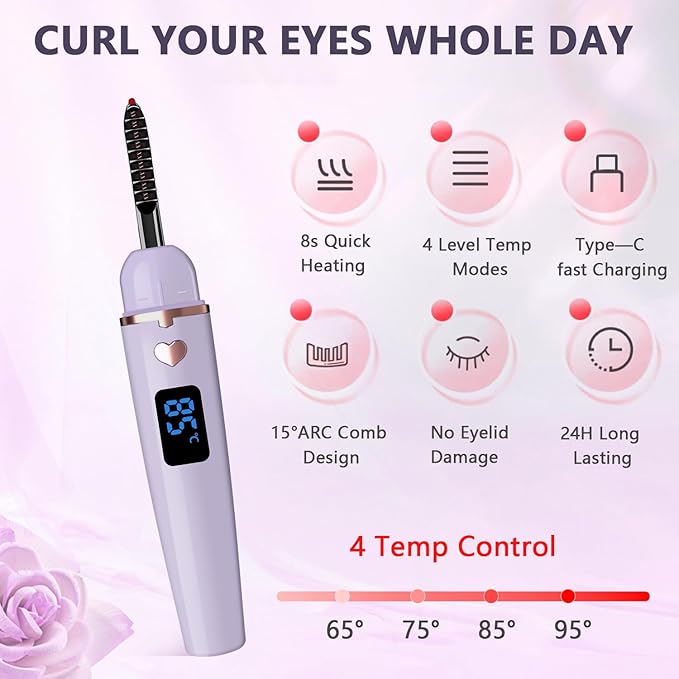 Heated Eyelash Curler, Electric Eyelash Curlers Type C Rechargeable, Heated Lash Curler for Women Natural Eye Lash Curler Makeup Tool with Eyelash Comb, 24 Hours Long Lasting-Dark Purple A