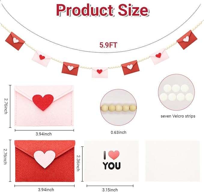 Valentines Day Decorations, Felt Heart and Envelope Garland with Wooden Beads, Valentines Day Garland for Mantle, Heart Decorations, Banner, Fireplace, Wall, Party (Openable Envelope)