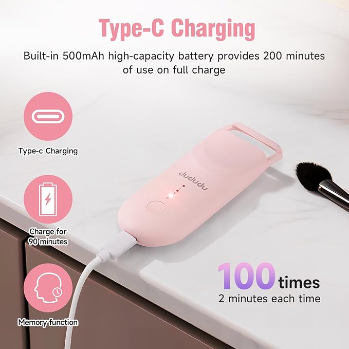 DUDUDU Heated Eyelash Curler, Portable Travel-Size Mini Electric Heated Lash Curler - 2-Level Adjustable Temp & Type-C Recharge, 10S Heat 3S Style 24H Lift for Long-Lasting Natural Effortless Curves