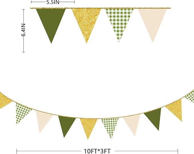 Sage Green Gold Buffalo Plaid Pennant Banner Flag Oilve Green Gold Hanging Glitter Paper Triangle Bunting for Birthday Neutral Baby Shower Wedding Safari Jungle Woodland Party Decorations Supplies