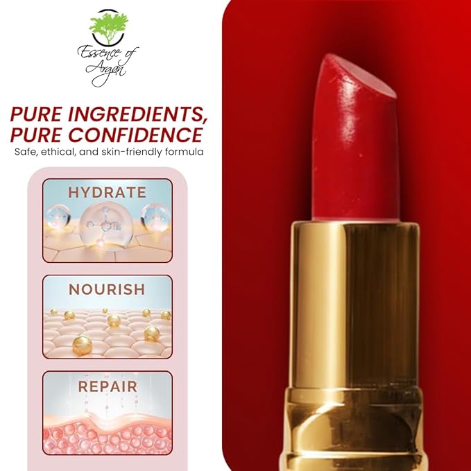 𝗘𝘀𝘀𝗲𝗻𝗰𝗲 𝗼𝗳 𝗔𝗿𝗴𝗮𝗻 Deep Moisturizing Red Lipstick, Long Lasting Lipstick & Lip Care in 1 with Pure Organic Argan Oil, Shea Butter, Jojoba Oil & Aloe Vera Hydrating, Roses R Red