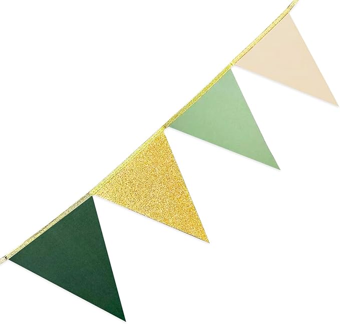 Sage Green Gold Party Decorations Pennant Banner Flag Oilve Green Cream Beige Gold Hanging Glitter Paper Triangle Bunting for Neutral Baby Shower Birthday Wedding Woodland Jungle Safari Party Supplies