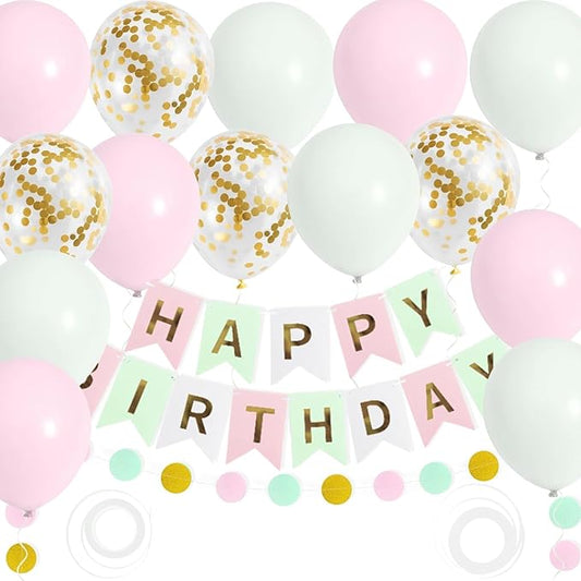 Pastel Birthday Decorations Set - Pink Green Banner, Circle Dots Garland, 14 Latex Balloons with Gold Confetti Balloons for Birthday Party Decor