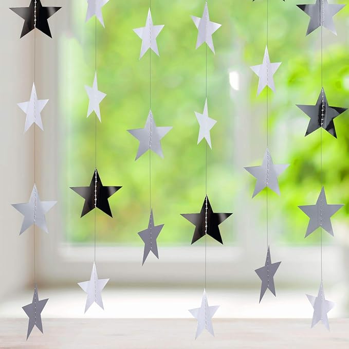 Patelai Glitter Star Garland Banner New Years Decor 130 Feet Star Hanging Banner Twinkle Backdrop for Birthday Classroom Wedding Halloween Christmas Party Supplies(Silver)