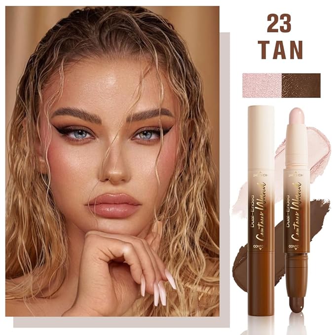 Dual-Ended 2-in-1 Cream Contour & Highlighter Stick Makeup For Face & Body – Waterproof, Long-Lasting, Suitable for All Skin Tones, 03#Darker Nude + Light Pink