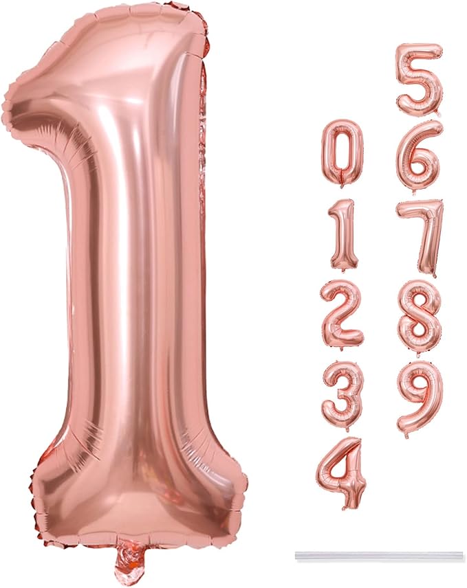 Rose Gold 1 Balloons, 40 Inch Giant Helium Foil Number 0-9 for Girls, Self Inflating Digit 1st Birthday Balloon for Women Anniversary Baby Shower New Year Engagement Party Decorations Supplies