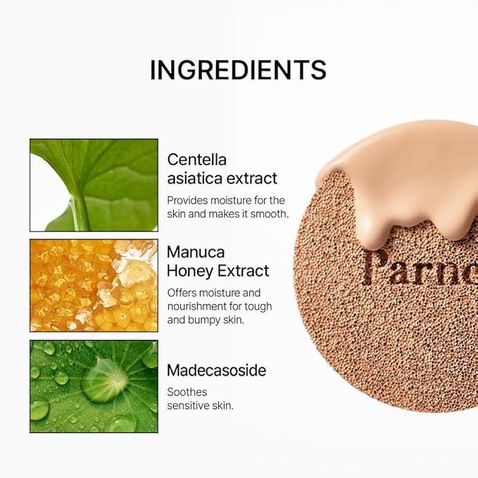 Parnell Cicamanu Serum Cushion - Moisturizing Foundation for Soothing, Coverage, Glass Skin and Lightweight for Sensitive and Dry Skin Pearl Skin (0.52 Fl Oz)(24N)