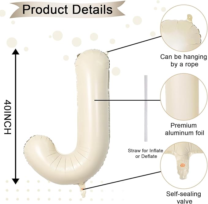 40 Inch Letter Balloons J, Big Custom A-Z Alphabet Foil Name Balloon Cream White, Self Inflating Beige Customize Helium Balloon Letters J for Women Girls Birthday Bride Baby Shower Party Decorations