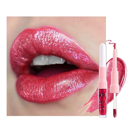 Kaely 2-in-1 Bright Red Metallic Lipstick and Lip Liner Makeup, Shimmer Liquid Metallic Lipsticks for Women, Glitter Lip Gloss Stain Long Lasting Waterproof Smudge Proof 24 Hour, Cruelty-Free 25