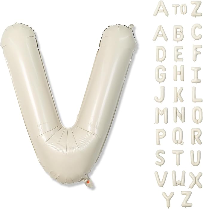 V Letter Balloons Cream, 40 Inch Alphabet Foil Word Balloons, Large Mylar Inflatable Beige Name Balloon Letters V, Big Helium Custom Letter Balloons White for Women Birthday Party Decoration Supplies