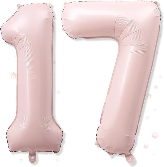 17th Birthday Balloons for Girls, 40'' Foil Self Inflating Dusty Light Baby Pink Number 17 Balloon, Pastel Blush Pink Big Helium Mylar 17 Balloon Number for Birthday Party Decor Anniversary Decoration