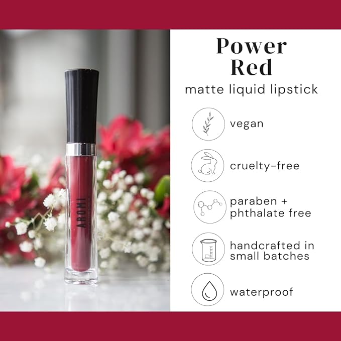 Aromi Matte Liquid Lipstick | Long-Lasting, Dark Red, Maroon Lip Color with Blue Undertones, Smudge Proof, Waterproof, Vegan Makeup (Power Red)