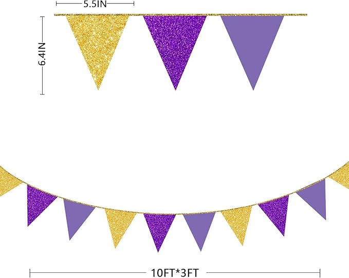 30Ft Purple Gold Party Decoration Pennant Banner Flag Hanging Glitter Paper Triangle Bunting for Baby Shower Birthday Bridal Shower Wedding Bachelorette Engagement Lavender Lilac Violet Party Supplies