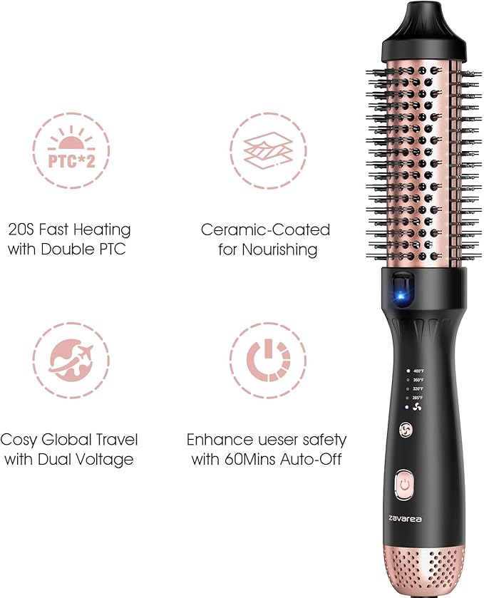 Zavarea Thermal Brush, 1.5 Inch Heated Round Brush for Blowout Look, Hot Styler with 800M Negative Ions & Ceramic for Less Damage & Frizz, Boosts Shine & Easy to Use, Dual Voltage, Elegant Black