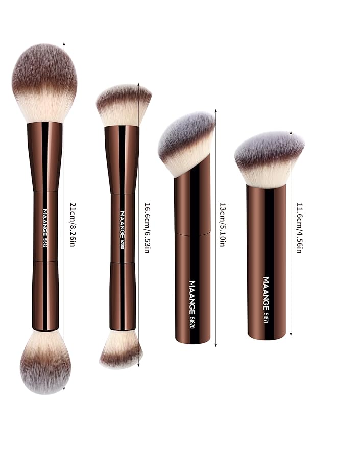 MAANGE 4 PCS Foundation Makeup Brush Set Double-ended Kabuki Contour Brush for Liquid Powder Concealer Cream Cosmetics Blending Blush Face Makeup Tools Kit (Coffee)