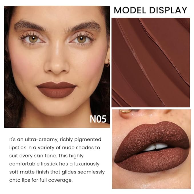 evpct 1Pcs Dark Brown Lipstick, Silky Velvet Matte Lipstick Pack Sets for Women, Long Lasting Smudge Proof Lipstick Lip Stain Makeup Kit matte lipstick 24 hours original N05