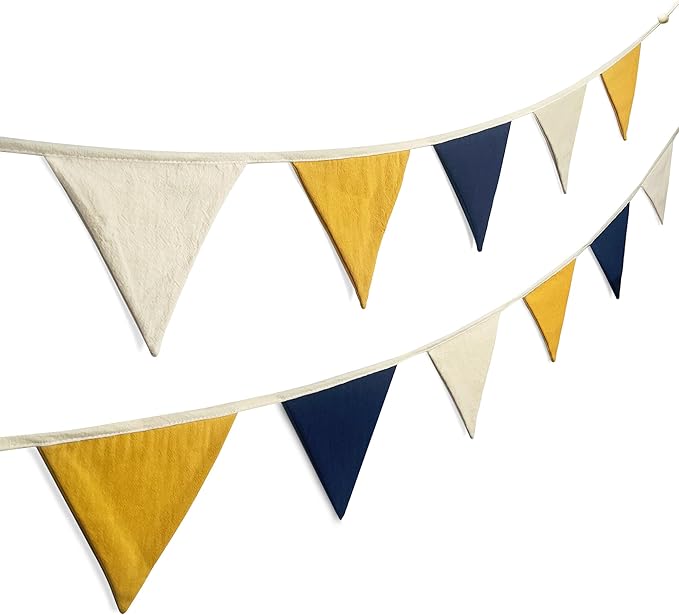 2 Sets of Blue Yellow White Nursery Garland 24Pcs Yellow Blue Fabric Linen Pennant Banner Flags Triangle Streamers for Baby Playroom Decor Kids Boys Birthday Baby Shower Grad Party Decorations