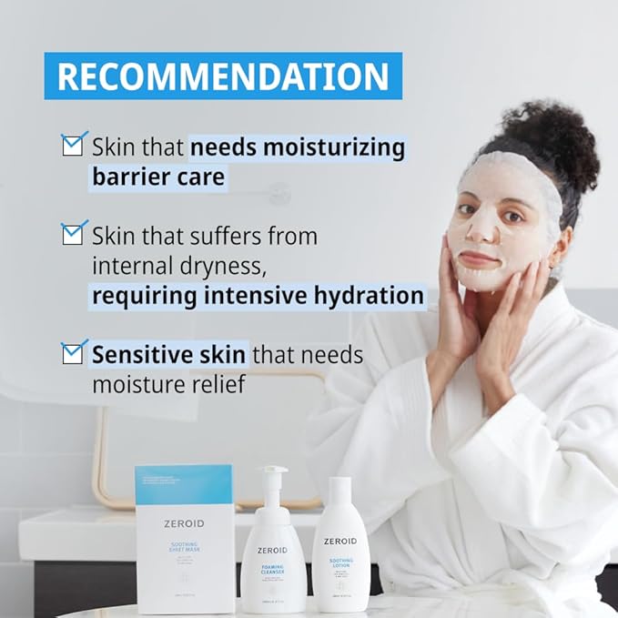 ZEROID | Soothing Sheet Mask | Face Masks Skincare for Sensitive and Dry Skin | Korean Face Mask with Hyaluronic Acid & Ceramide | Hydration & Skin Barrier Enhancement | Pure Cotton Sheet | 5 Sheets