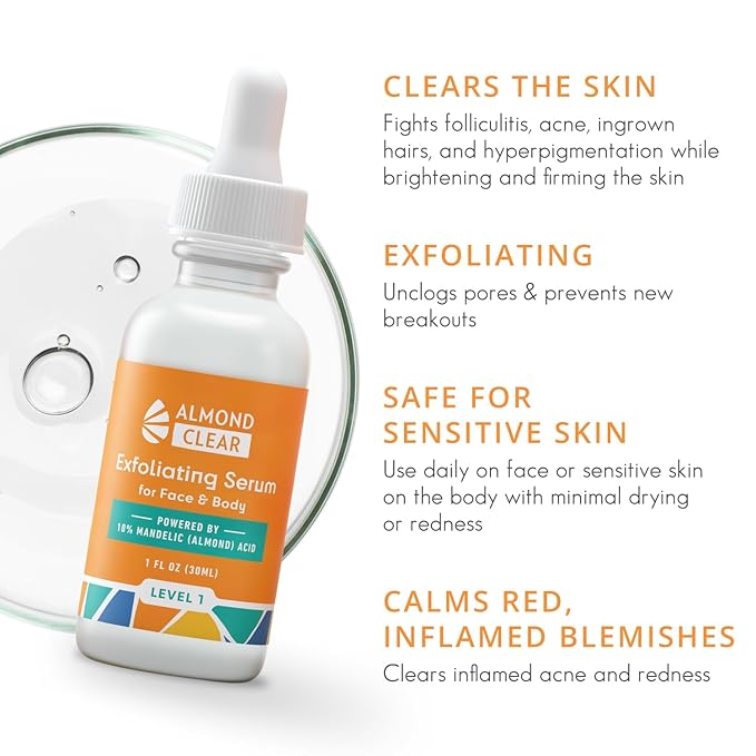 Almond Clear Level 1 Serum | Mandelic Acid Facial Serum for Acne, Folliculitis, Aging Skin, Ingrown Hairs, Dark Spots on Face, Chest, Butt, Back, Thighs, Arms | 4oz