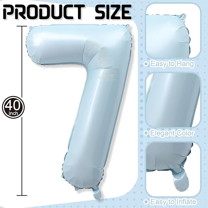 7th Birthday Balloons for Boys, 40'' Foil Self Inflating Light Baby Blue Number 7 Balloon, Pastel Dusty Sky Blue Large Helium Mylar 7 Balloon Number for Kid Birthday Party Decor Anniversary Decoration