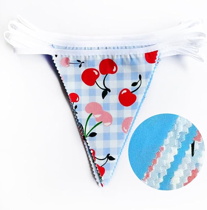 32Ft Blue Gingham Cheery Pennant Banner Fabric Triangle Flag Garland Streamers Party Decorations for Ma Cherie Baby Shower Cherry on Top Bachelorette Fruit Birthday Picnic Spring Garden Supplies