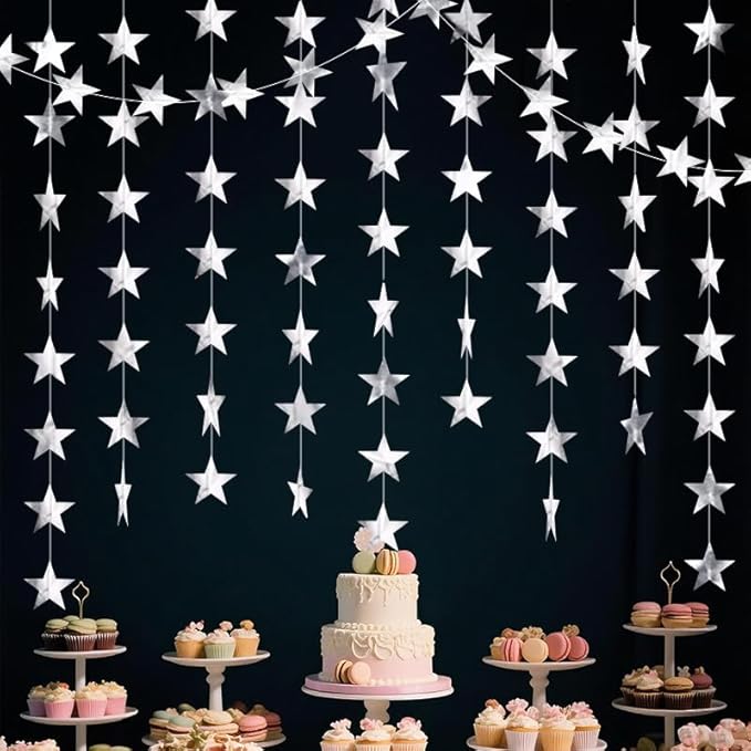 Silver Shining Star Hanging Garland Silver Hanging Sparkling Star Streamer Glitter Bunting Banner Twinkle Backdrop for Wedding Baby Shower Birthday Christmas Decorations 40 Feet