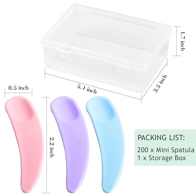 TUZAZO 200pcs Mini Spatula for Cosmetics, Bulk Disposable Makeup Spatulas Mini Plastic Makeup Scoop Spatulas for Cosmetic Mixing and Sampling (Multi Colored with Storage Box)