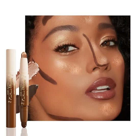 Dual-Ended 2-in-1 Cream Contour & Highlighter Stick Makeup For Face & Body – Waterproof, Long-Lasting, Suitable for All Skin Tones, 06#Black Cocoa + Bronzer Shimmer