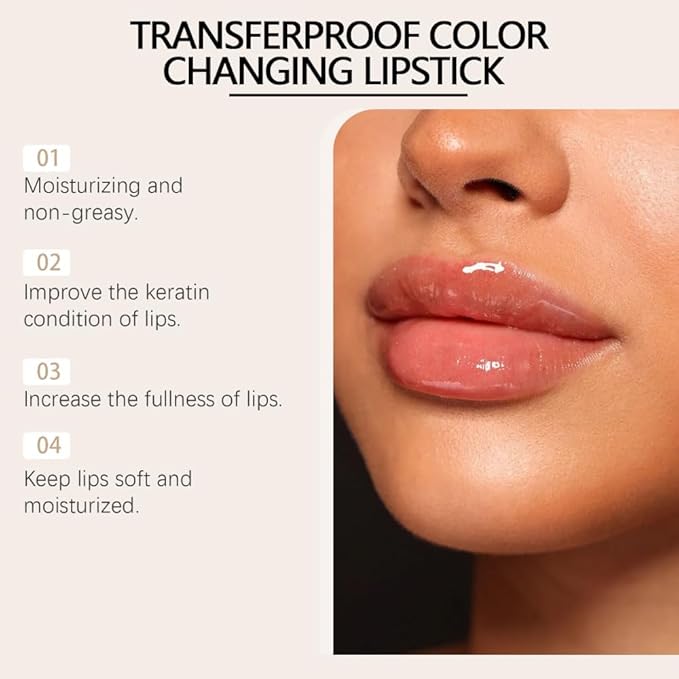 Transferproof Color Changing Lipstick,Transparente Transferproof Gold Crystal Color Changing Lip Stick,Labial Cambia De Color De, Long Lasting 24 Hours Moisturizing Glossy Shine Lip Gloss (1PC)