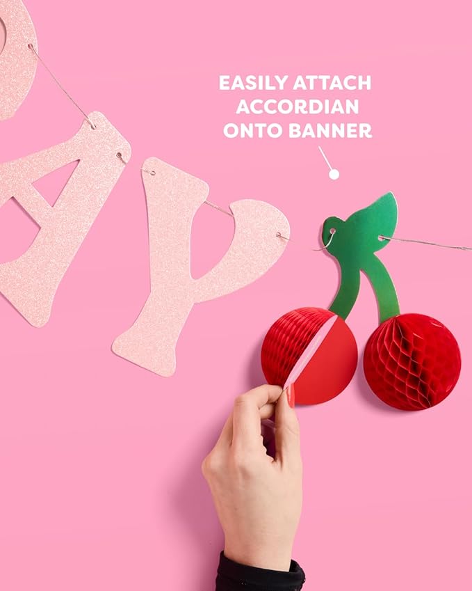 xo, Fetti Happy Birthday Cherry Banner - Pink Glitter, 6.5 Ft. | 3D Cherry Garland, Bday Decoration, Accordion Party Sign, Pop Up Photoshoot Backdrop