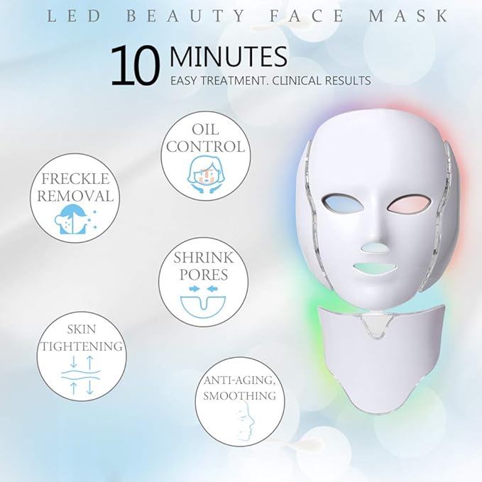 LED Face Mâsk Light Therapy | 7 Color Skin Rejuvenation Therapy LED Photon Mâsk Light Facial Skin Care Anti Aging Skin Tightening Wrinkles Toning Mâsk (For face & neck). (White)